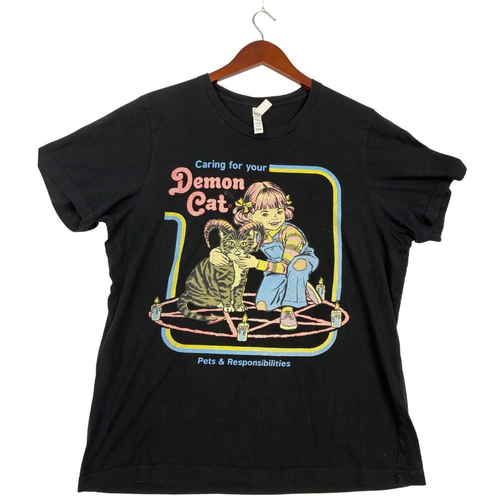 Caring For Your Demon Cat Shirt Womens L Black Occult Witchy Funny Graphic Tee